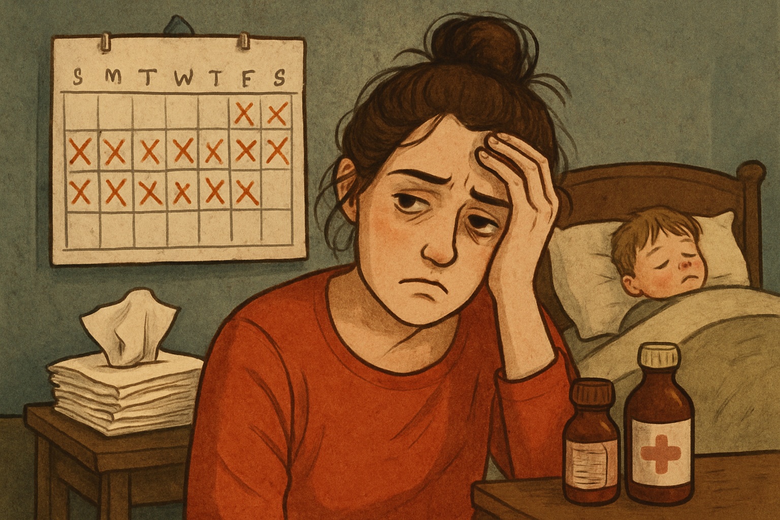 Wyczerpana mama przy łóżku chorego dziecka — kalendarz pełen X-ów, kolejny tydzień choroby