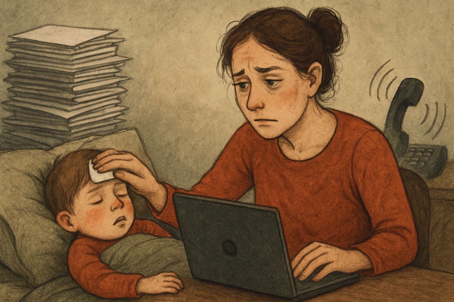 Mama z laptopem i chorym dzieckiem — dzwoniący telefon z pracy, stos papierów