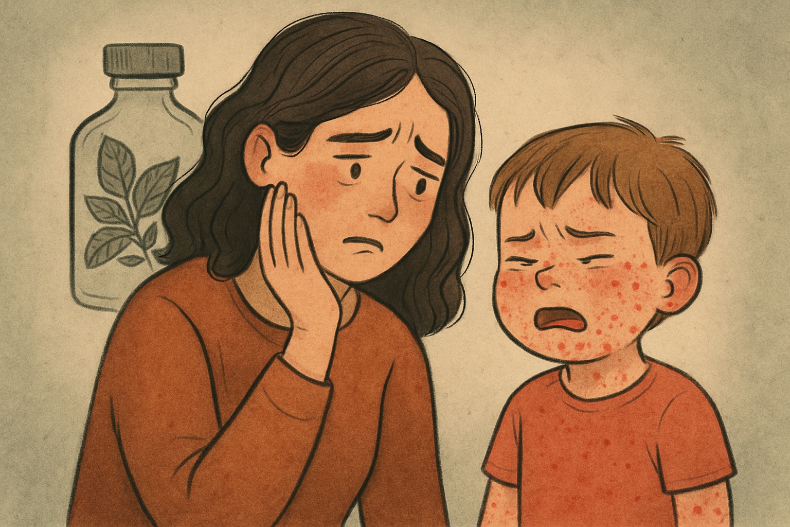 Mama z dzieckiem z wysypką i słoikiem ziołowym — bezsilność wobec nawracających chorób