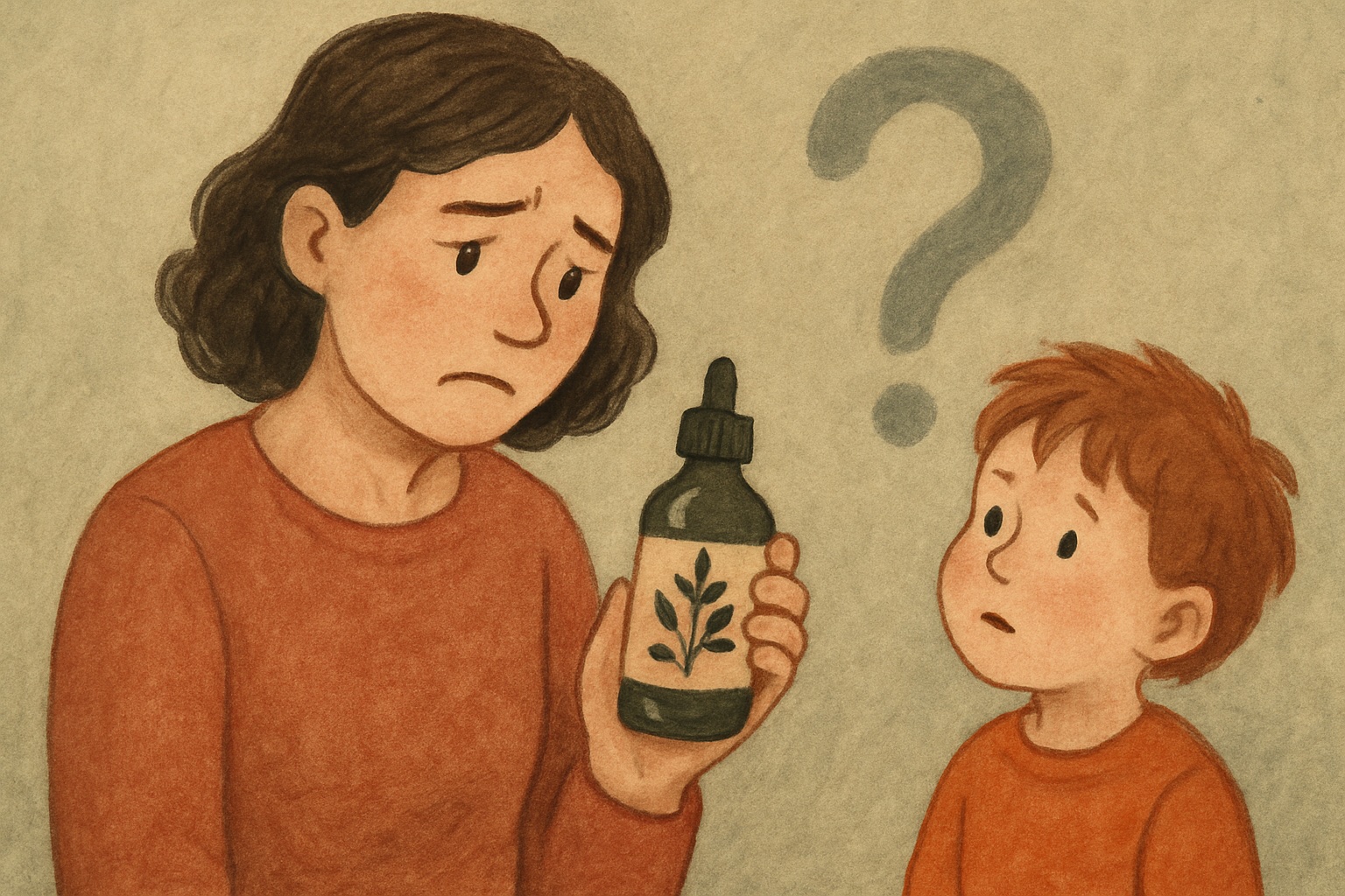 Mama trzyma ziołowy olejek z pytajnikiem — niepewność przed pierwszym zastosowaniem naturalnych metod